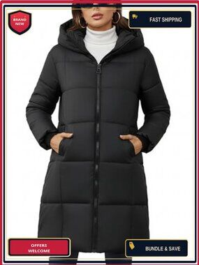 Women's Hooded Puffer Coat Quilted Long Jacket Full Zip Winter